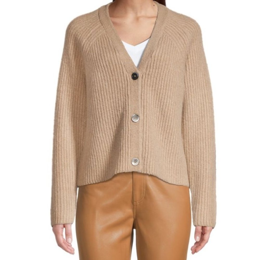 Elie Tahari Beige Ribbed V-Neck Button Cardigan